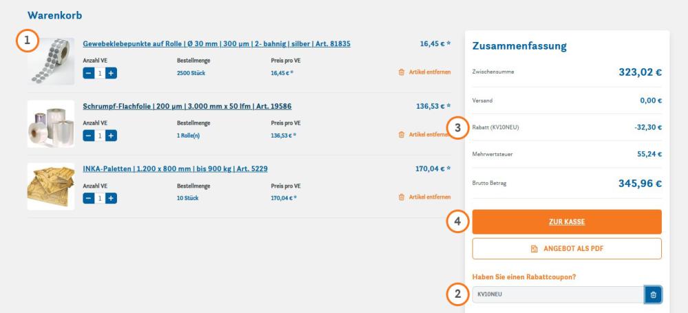 Warenkorb mit dem Button "Zur Kasse" und dem Eingabefeld für einen Rabattcoupon