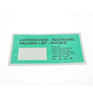 Gr&uuml;ne Pergamintasche DIN-lang mit gro&szlig;em Aufdruck &bdquo;Lieferschein-Rechnung, Packing List-Invoice&ldquo; und 7 Sprachen in kleiner Schrift.