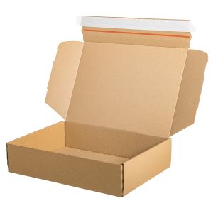 Ge&ouml;ffnete Versandverpackung (335&times;244&times;77 mm) im Kleinpaket-Format, mit sichtbaren Seitenlaschen, Selbstklebeverschluss und Aufrei&szlig;faden.