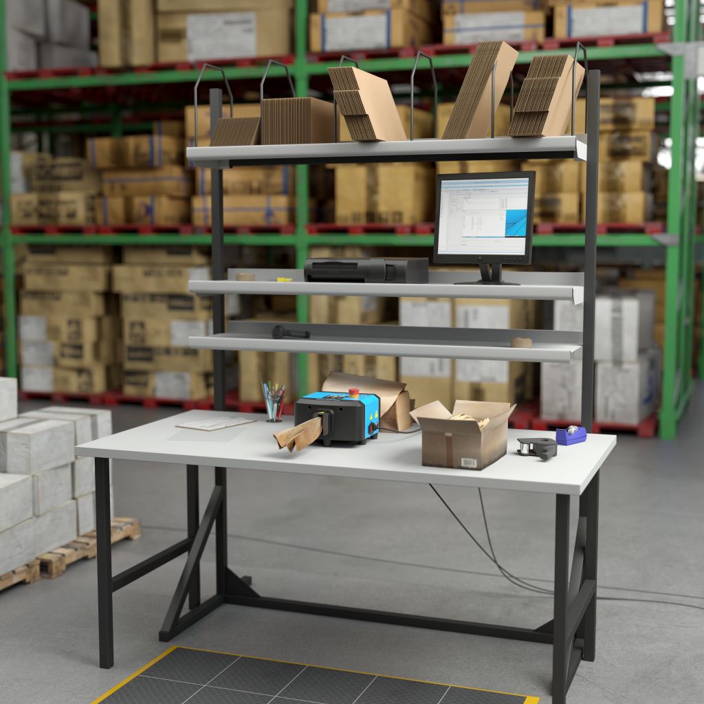 Ganzer Packtisch mit FillPak Mini in der Frontansicht.